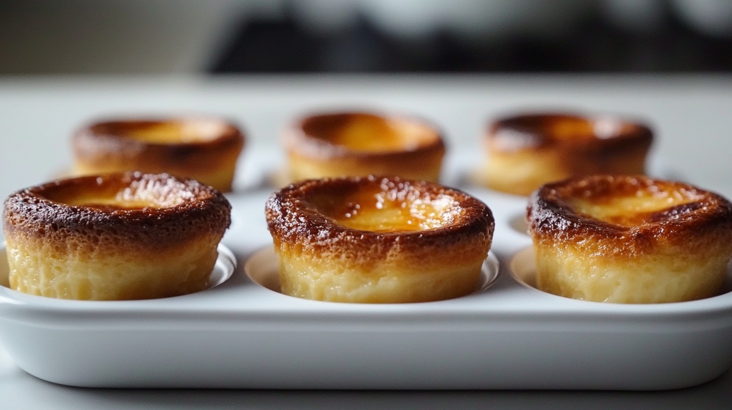 Close-up of freshly baked Pastéis de Nata, Portuguese custard tarts, resting in a white baking tray