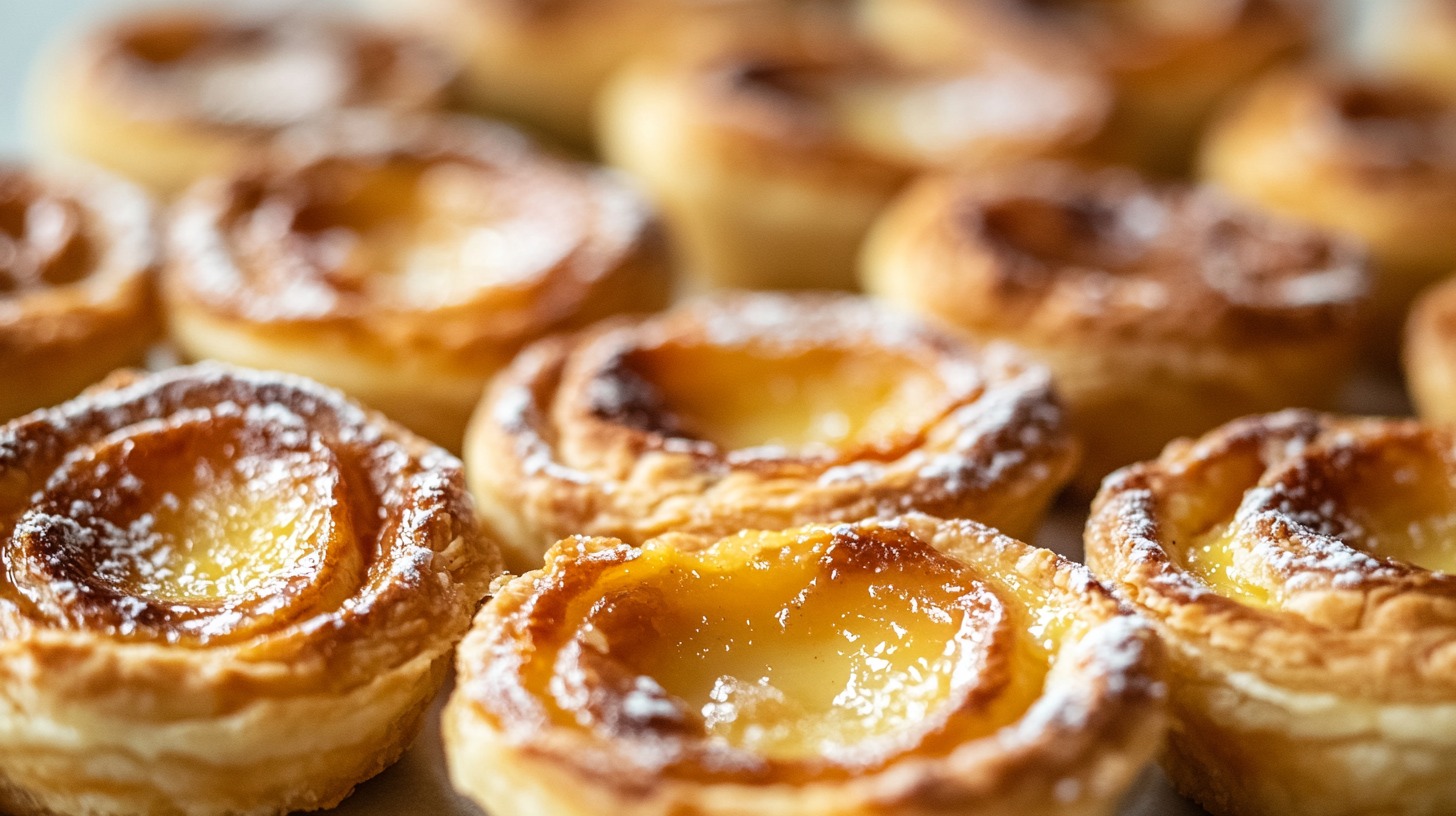 Close-up of golden Portuguese almond tarts with a dusting of powdered sugar