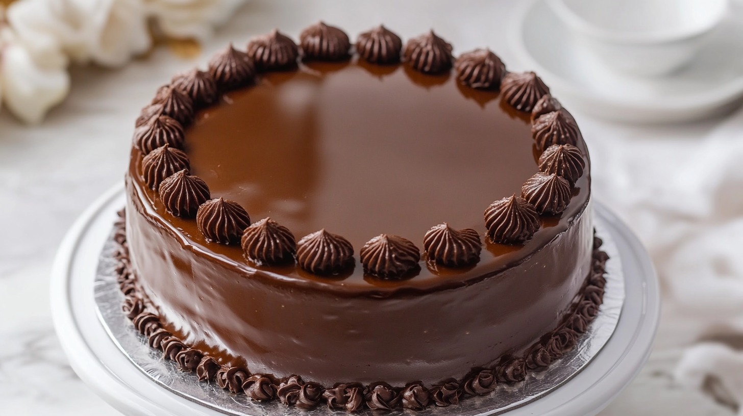 Close-up of a chocolate cake with a smooth, shiny glaze and piped chocolate decorations on top and around the base