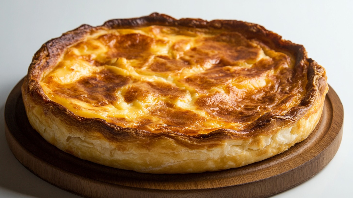 Close-up of a golden Portuguese caramel flan on a wooden serving plate