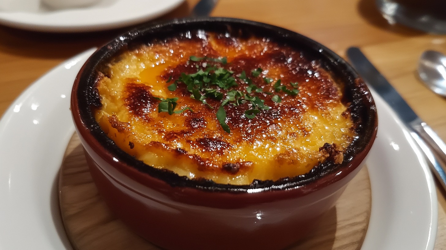 A caramelized Portuguese crème brûlée served in a small brown ramekin, garnished with fresh herbs