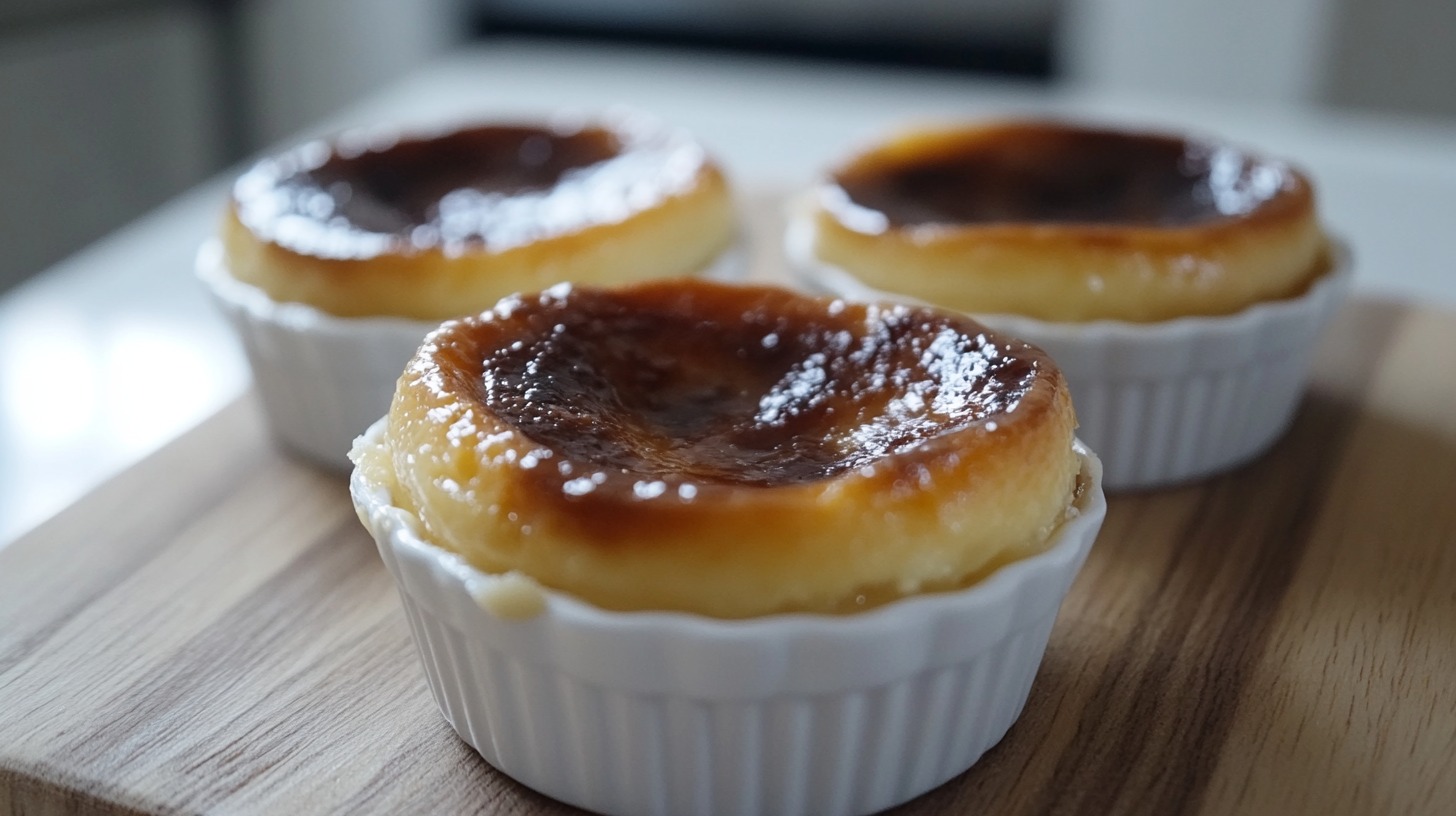 Three Portuguese custard tarts with golden caramelized tops, served in white ramekins on a wooden surface