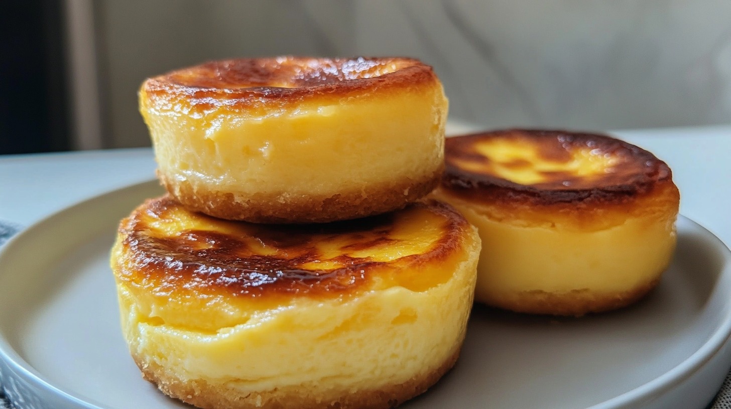 Three stacked Portuguese mini cheesecakes with golden caramelized tops on a white plate