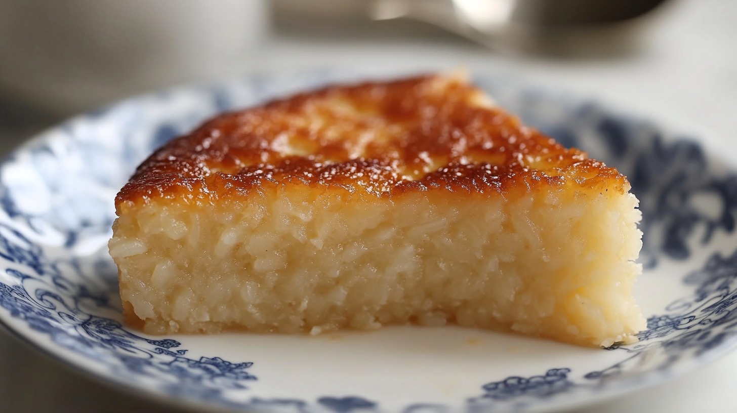 Close-up of a slice of Portuguese rice pudding with a golden caramelized crust, served on a decorative blue and white plate