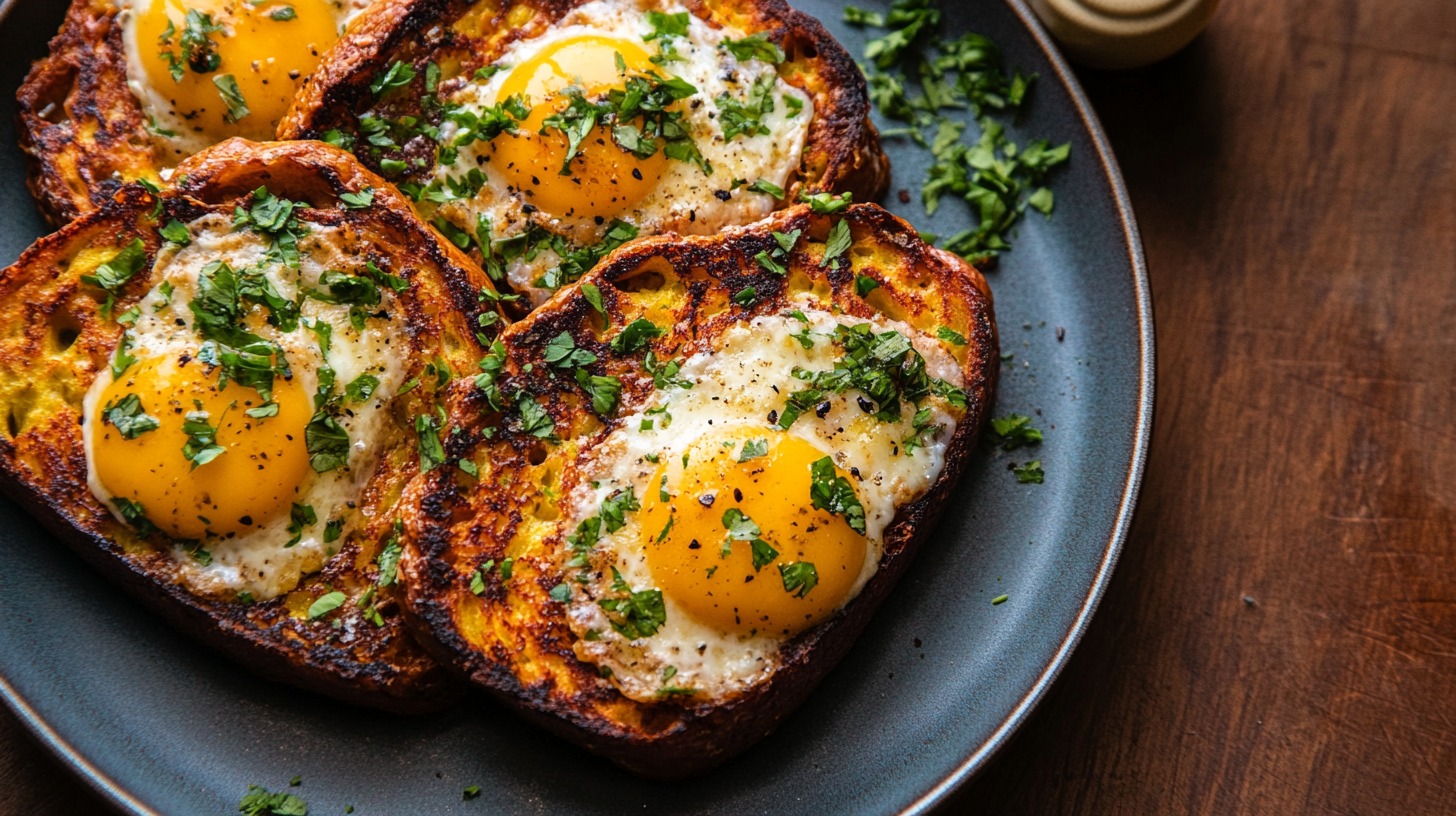 Close-up of Portuguese-style French toast topped with sunny-side-up eggs and garnished with fresh herbs on a dark plate